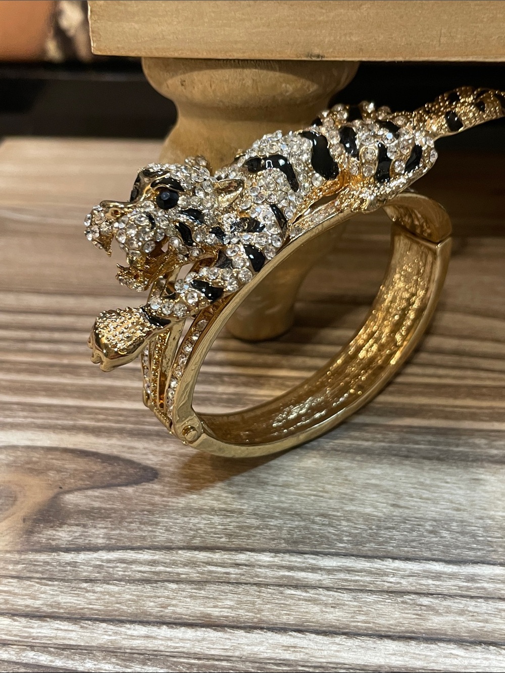 Gold-Tone Leopard Crystal Bangle Clamper Bracelet Oval Shape